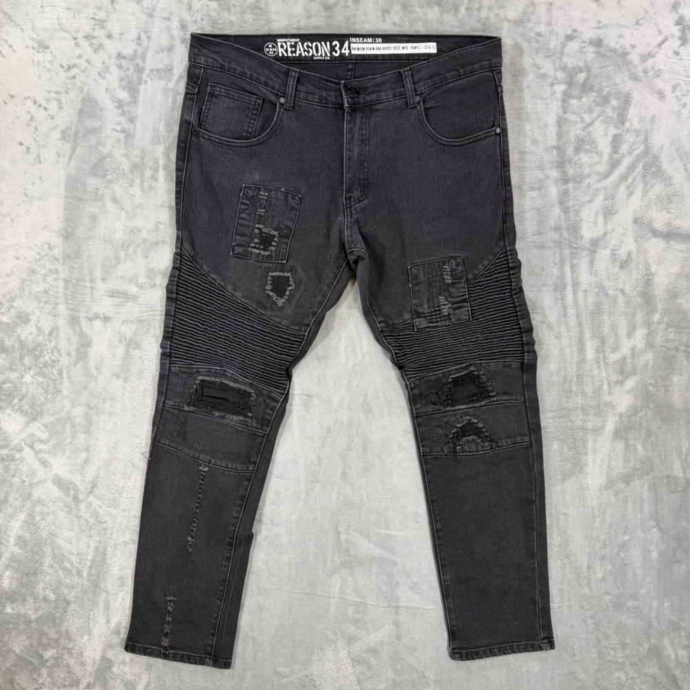 Reason Biker Skinny Jeans Men's 34x30 Black Denim Distressed Pants Streetwear